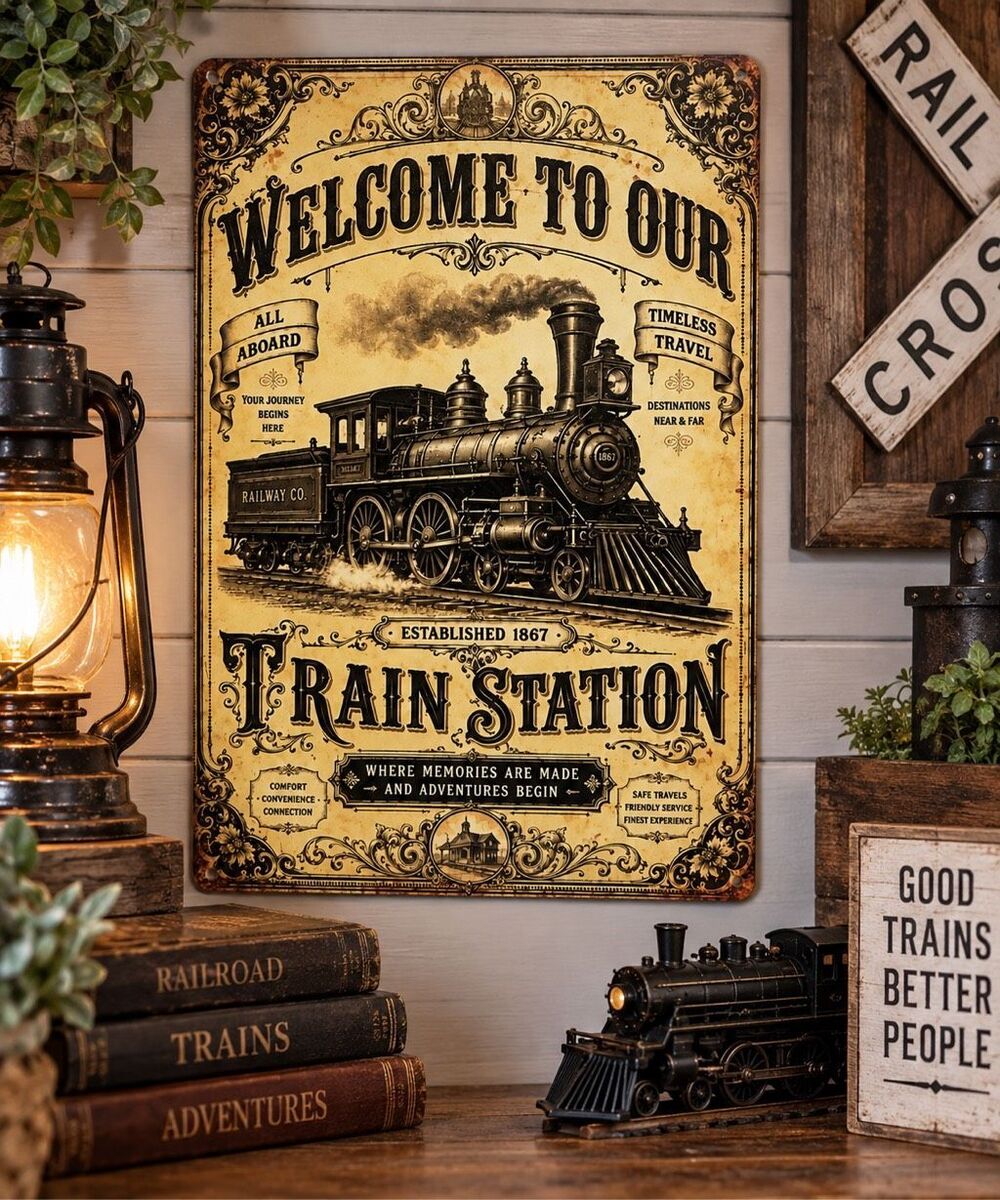 Vintage Train Station Metal Sign 8x12 Railroad Railway Wall Decor New